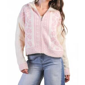 NEW VERY J romantic floral zip sweater in oatmeal/pink